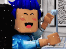 a cartoon character with blue hair is sitting in front of a computer keyboard
