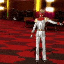 a man in a military uniform is standing on a red floor holding a sword