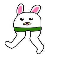 a cartoon drawing of a white rabbit with pink ears and a green ribbon around its neck .