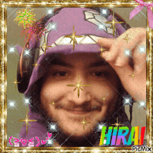 a picture of a man wearing headphones and a purple hat with the name hiram