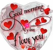 a heart shaped balloon with red hearts and the words `` good morning my love i love you '' written on it .