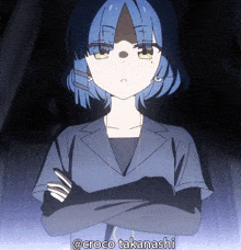 a girl with blue hair is standing with her arms crossed and the name croco takanashi is below her