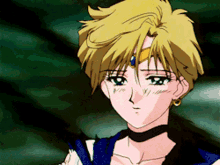 a close up of a blonde anime character with a choker around her neck