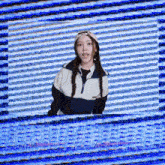 a girl with braids is standing in front of a striped background