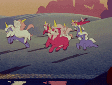 a group of unicorns are running in a cartoon