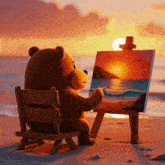 a teddy bear is sitting in a chair painting a sunset on a beach