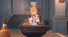 a girl in a chef 's hat sits in a large bowl