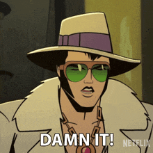 a cartoon of a man with a hat and sunglasses says damn it