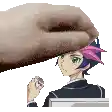 a pixel art of a person touching a person 's head with their hand .
