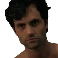 a man without a shirt is looking at the camera with a serious look on his face