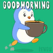 a penguin is holding a cup of coffee with the words good morning written above it