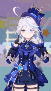 a girl with white hair and blue eyes is wearing a top hat