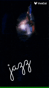 a woman with a blue butterfly behind her and the word jazz on the bottom