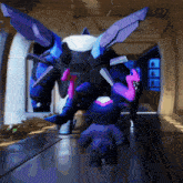a purple robot is standing in a hallway next to a smaller purple robot