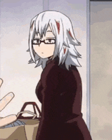 a girl with white hair and glasses is standing next to a man .