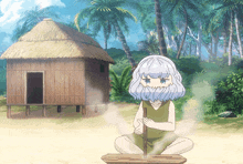 a cartoon of a man with a beard sitting in front of a small hut