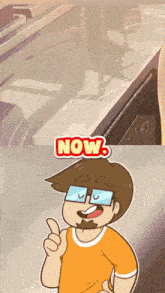 a cartoon of a man giving a thumbs up next to a sign that says now
