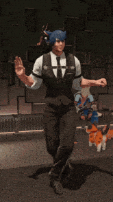 a man in a suit and tie is holding a large stick