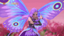 a cartoon character with purple hair and butterfly wings