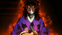 a man with a mask on his face is holding a sword in front of a fire background