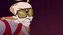 a cartoon character wearing glasses and a red vest is making a funny face