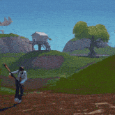 a person in a video game is holding an axe in a field