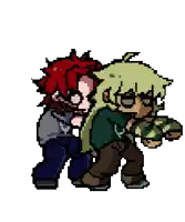 two pixel art characters are standing next to each other .