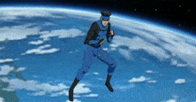 a cartoon character in a blue suit is flying in the air