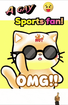 a cartoon of a cat wearing sunglasses says " a gay sports fan "