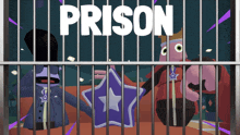 a cartoon behind bars with the word prison written above it
