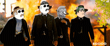 a group of men are standing in front of a fire and the word sdood is on the bottom
