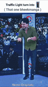 a cartoon of a man standing in front of a crowd with the words traffic light turn into that one bheekmanga