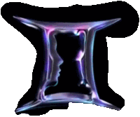 a purple and blue sign with two faces inside of it on a black background .