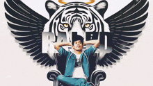 a man is sitting in a chair with a tiger behind him and the word raped above him