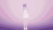 a 3d anime girl in a white dress is standing in front of a pink background .