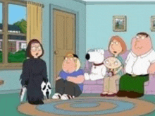 a cartoon of a family sitting in a living room with a dog .
