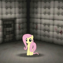 a cartoon pony is standing in a room with a white wall