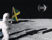 an advertisement for conquest channel shows an astronaut holding a flag