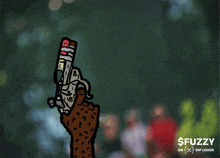 a cartoon drawing of a hand holding a gun with smoke coming out of it and the words $ fuzzy on the bottom