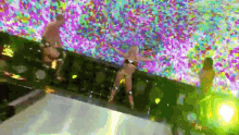 a group of women in bikinis are dancing on a stage with confetti falling from the ceiling .