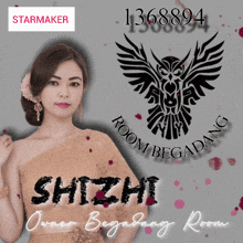 a woman with a flower in her hair stands in front of a sign that says shizhi owner begadang room