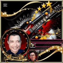 a picture of a man with a guitar in the background and the letter m on the bottom