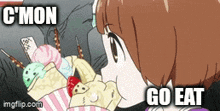 a cartoon of a girl eating ice cream with the words " go eat " written below her