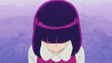 a little girl with purple hair is looking down