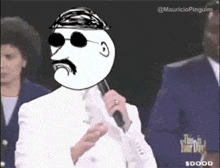 a man in a white suit is holding a microphone and has a mustache and sunglasses on
