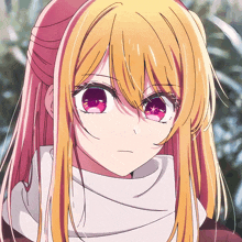 a girl with long blonde hair and pink eyes is wearing a scarf around her neck