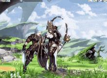 a man and a woman are standing in a field with a sword and shield