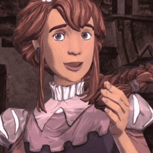 a cartoon girl is smiling and holding her hair in her hand