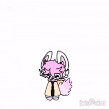 a cartoon drawing of a pink rabbit with horns and a fox tail .