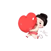 a cartoon girl holding a large red heart behind her back